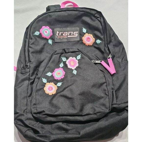 JanSport Embroidered Floral Backpack Black Pink Overt Rosa Transport - Picture 1 of 6